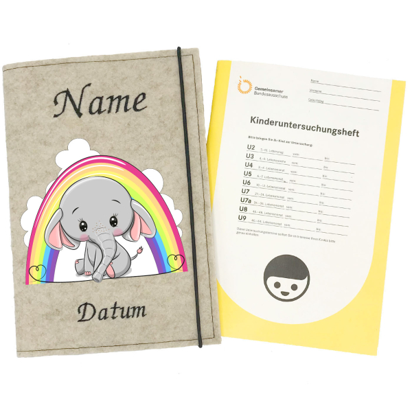 U-Heft Hülle personalisiert Elefant unter Regenbogen für Mädchen